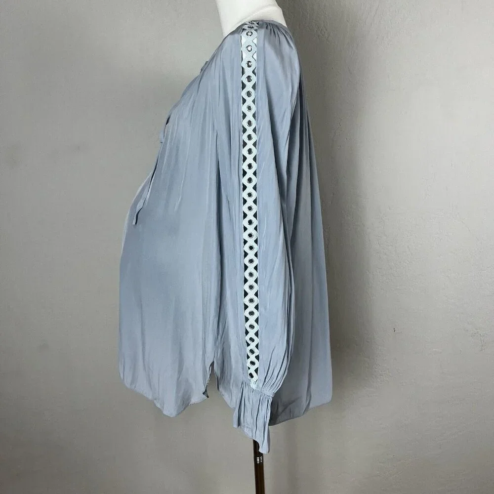 Ramy Brook‎ Maternity Blouse Peasant Cut Out Grommet Long Sleeve Pale Blue Small